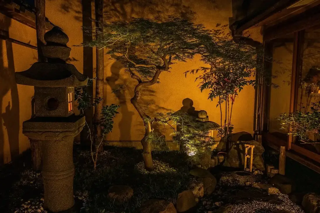 石灯籠と鮮やかな木々が影を映す、静寂な日本庭園の夜景